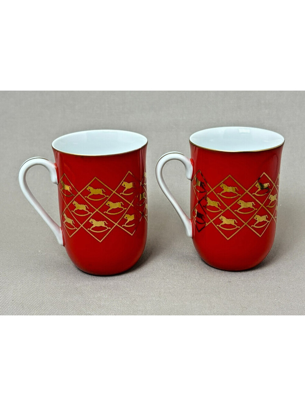 Vintage Otagiri Japan Gibson Red Gold Rocking Horse Christmas Mugs Set of 2